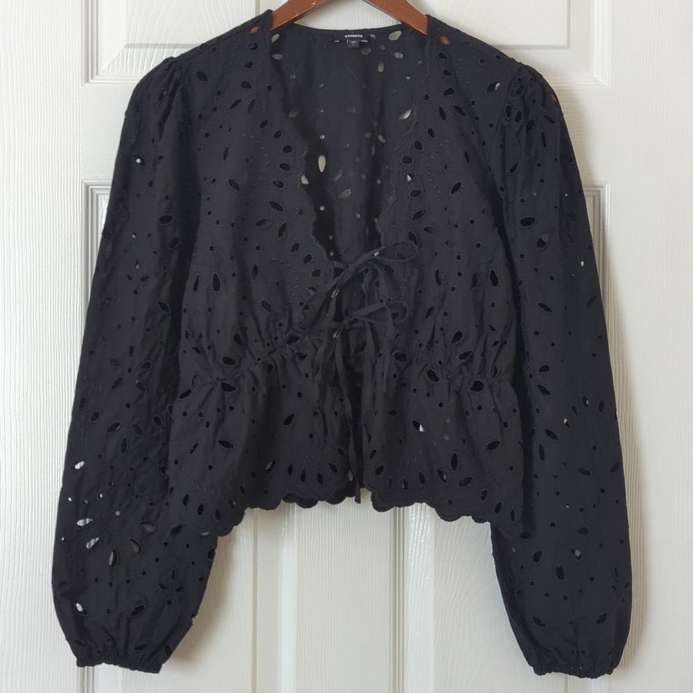 Express Bohemian Eyelet Embroidered Long Sleeve Tie Front Cropped Blouse Black S